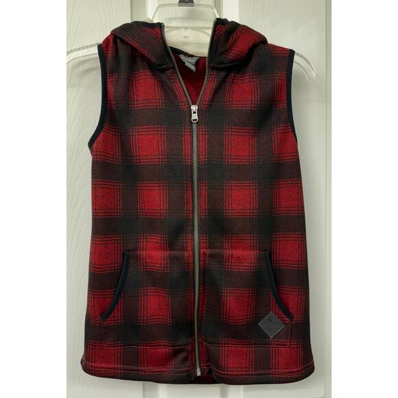 Eddie Bauer NWOT XS buffalo plaid red black vest sherpa tan hoodie women's - Picture 1 of 7